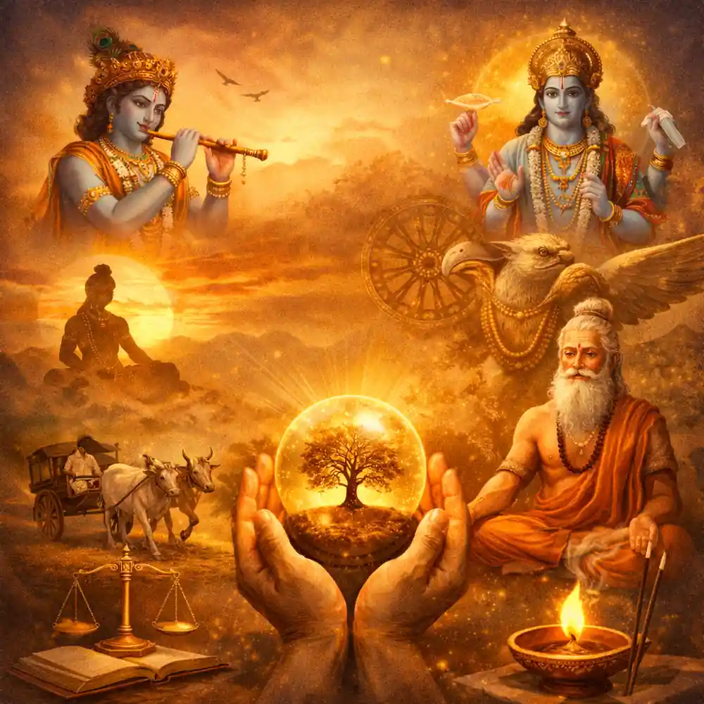 कर्म क्या है विषय पर आध्यात्मिक चित्र जिसमें श्रीकृष्ण, ऋषि ध्यान मुद्रा और कर्म के प्रतीक दर्शाए गए हैं