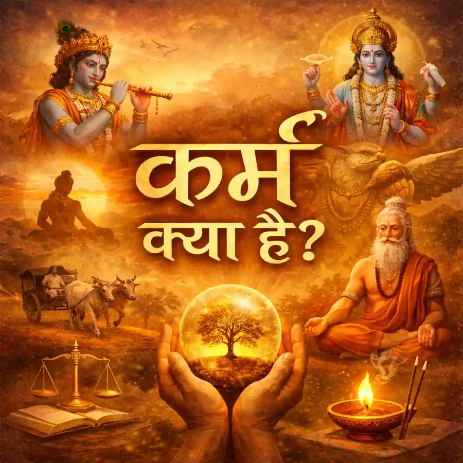 कर्म क्या है विषय पर आध्यात्मिक चित्र जिसमें श्रीकृष्ण, ऋषि ध्यान मुद्रा और कर्म के प्रतीक दर्शाए गए हैं