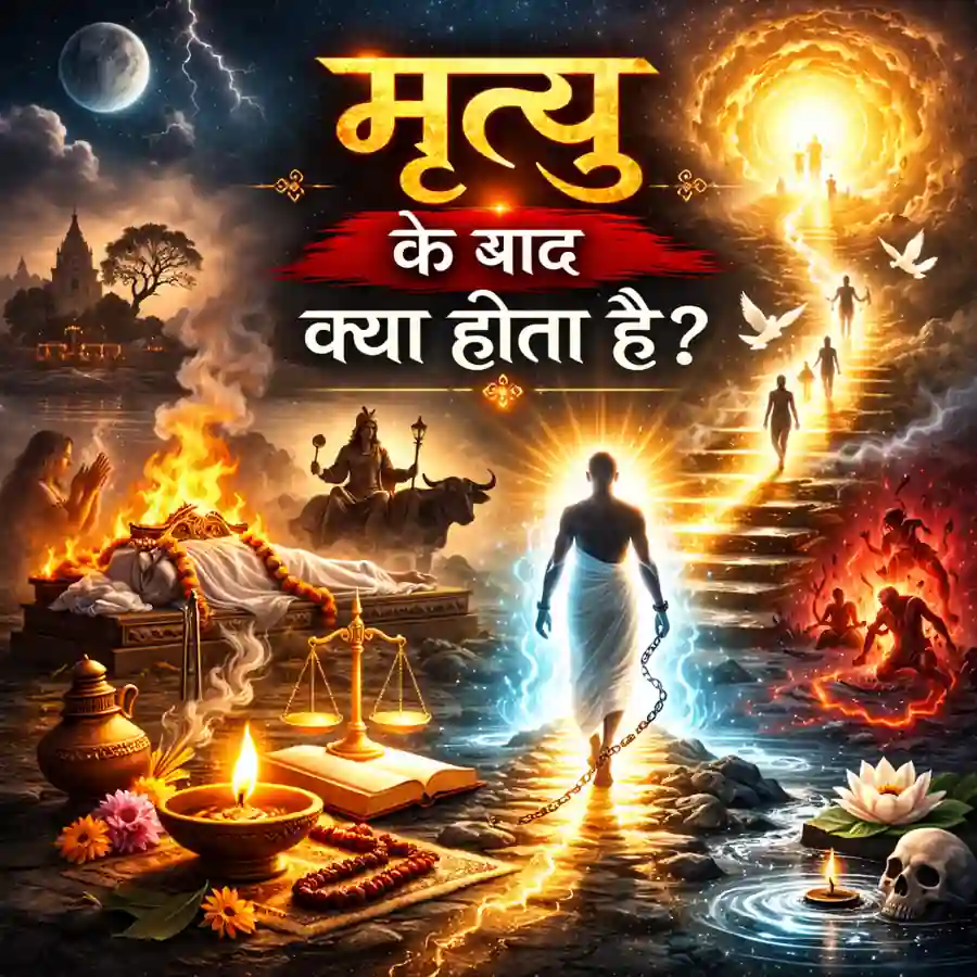 मृत्यु के बाद क्या होता है विषय पर चित्र जिसमें आत्मा की यात्रा, यमराज और स्वर्ग-नरक के प्रतीक दर्शाए गए हैं