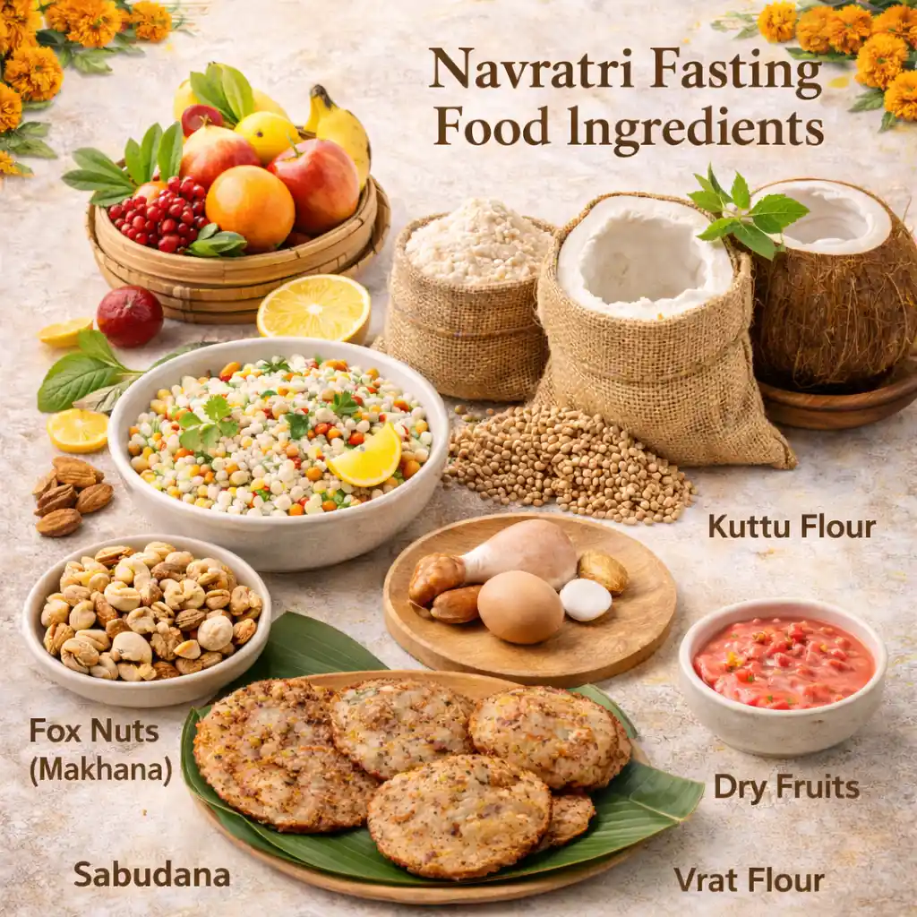 Navratri fasting food ingredients sabudana kuttu flour makhana fruits dry fruits falahar